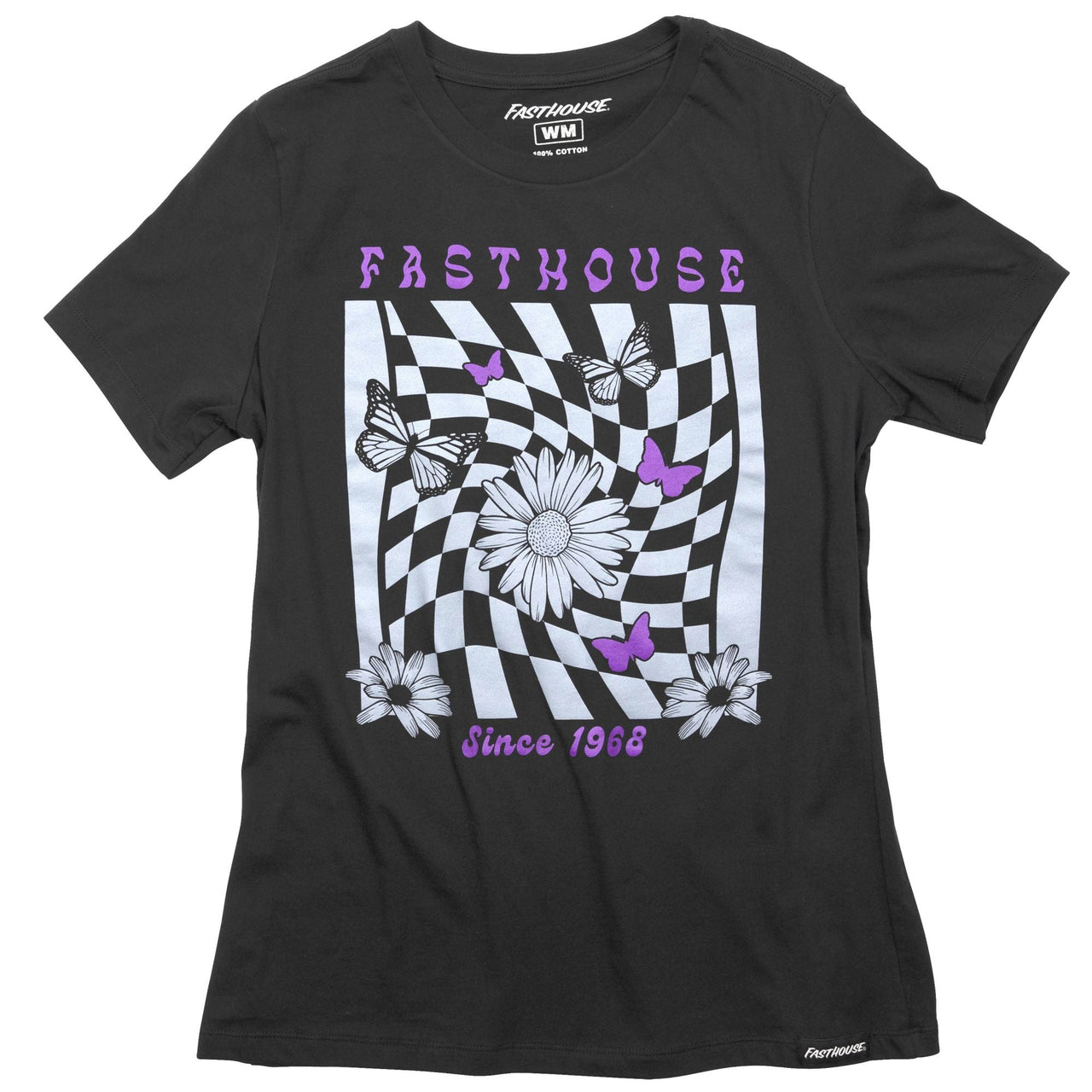 Women's black short-sleeve graphic tee with butterfly checkerboard front print