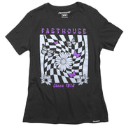 Women's black short-sleeve graphic tee with butterfly checkerboard front print