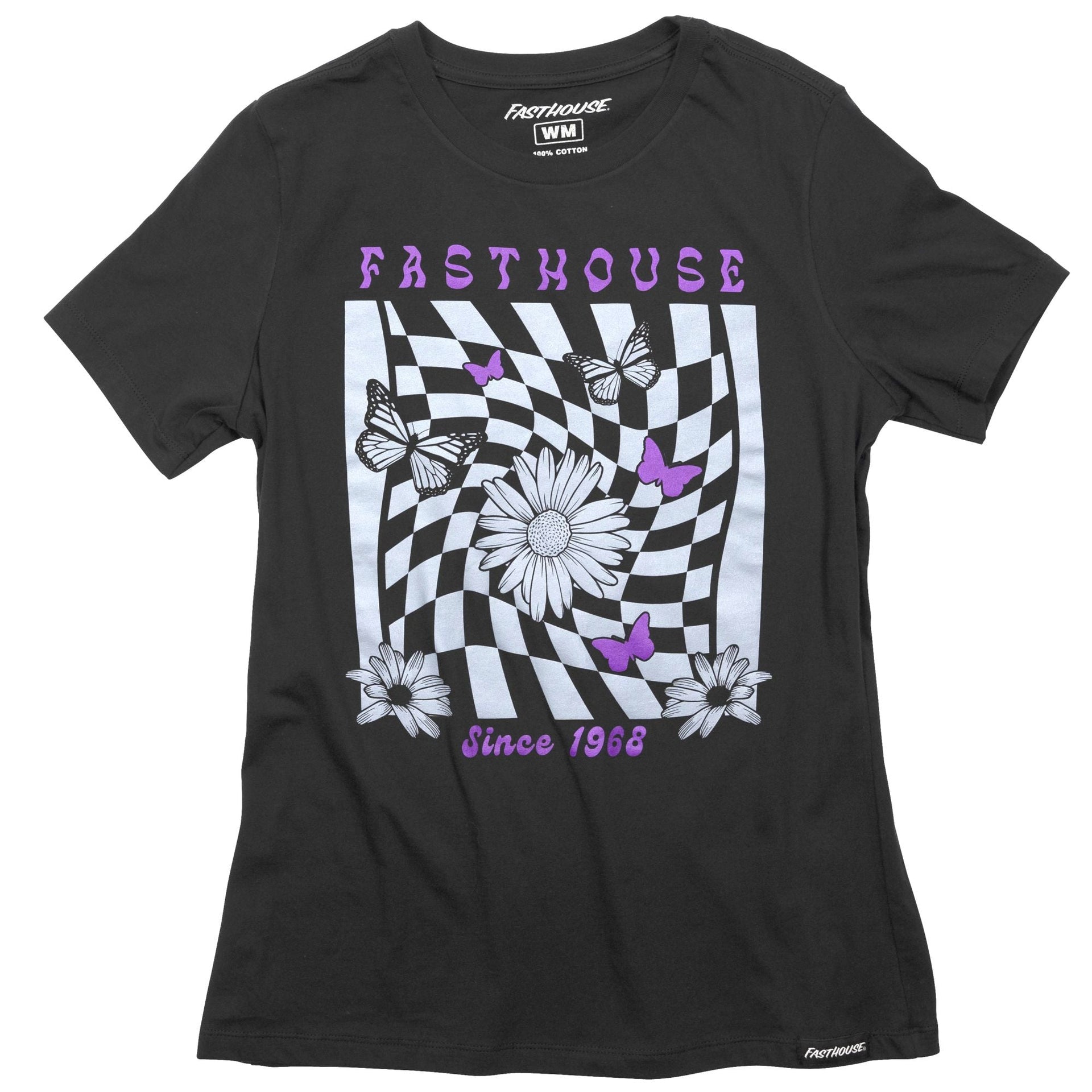 Women's black short-sleeve graphic tee with butterfly checkerboard front print