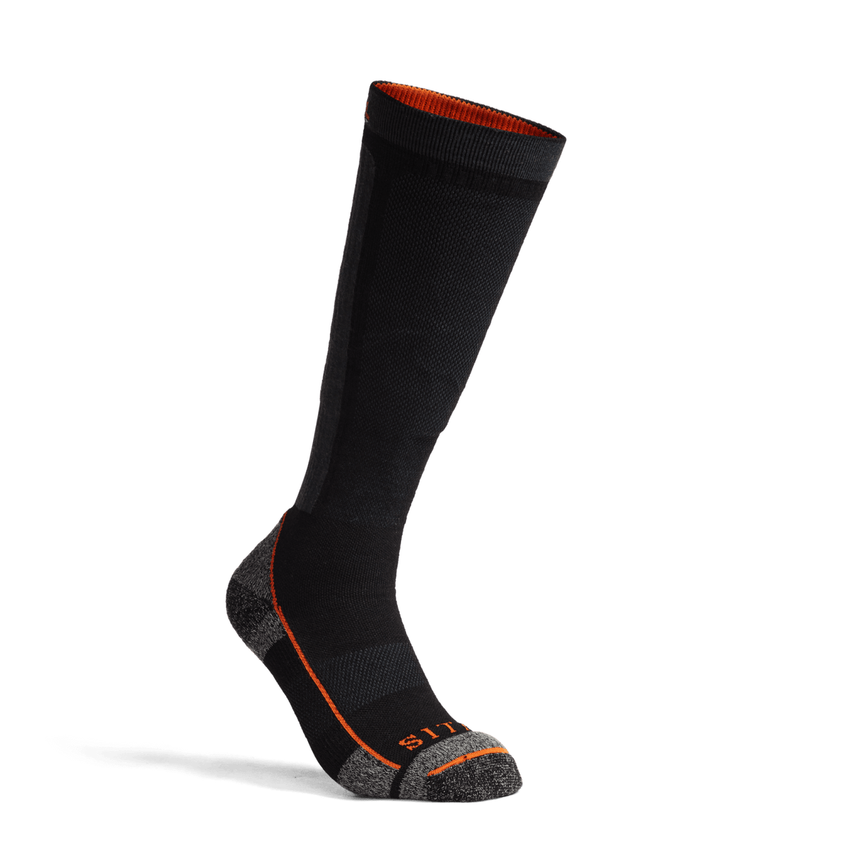 Mid weight OTC crew sock in Sitka Black with orange contrast stripes and cushioned toe