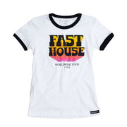 Women's ringer tee in white with black collar and sleeve trim, multicolor front graphic
