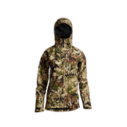 Women's camouflage hooded jacket with front zipper, elastic cuffs, and dark hood lining