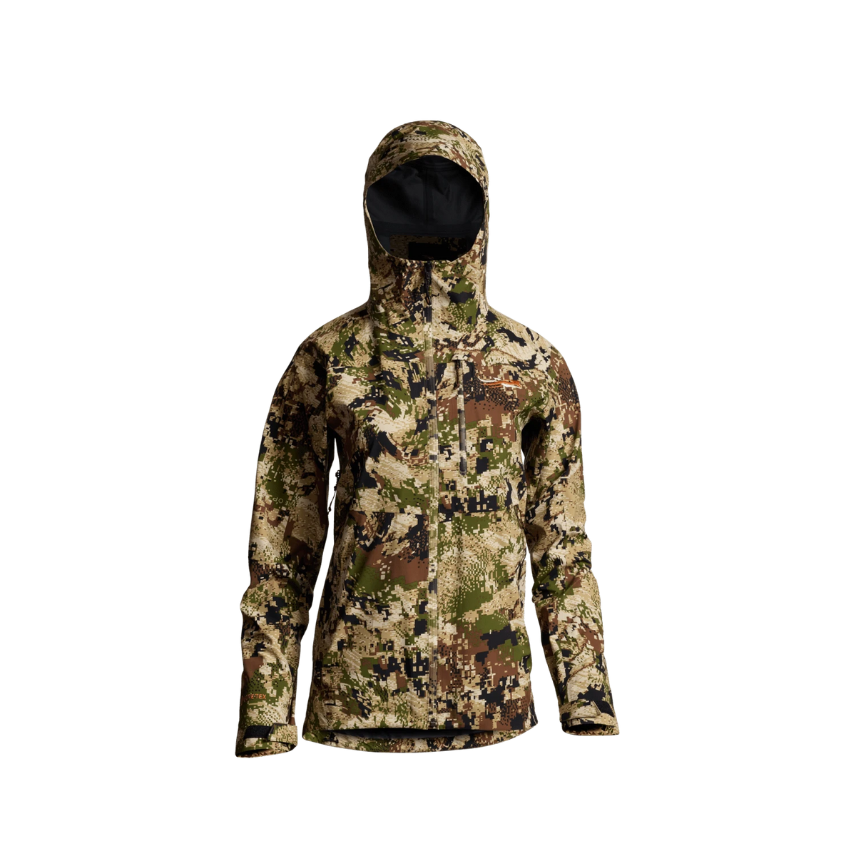 Women's camouflage hooded jacket with front zipper, elastic cuffs, and dark hood lining
