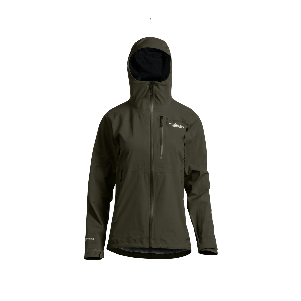 Women's Dew Point jacket, dark green hooded shell with drawcord hem and zipper