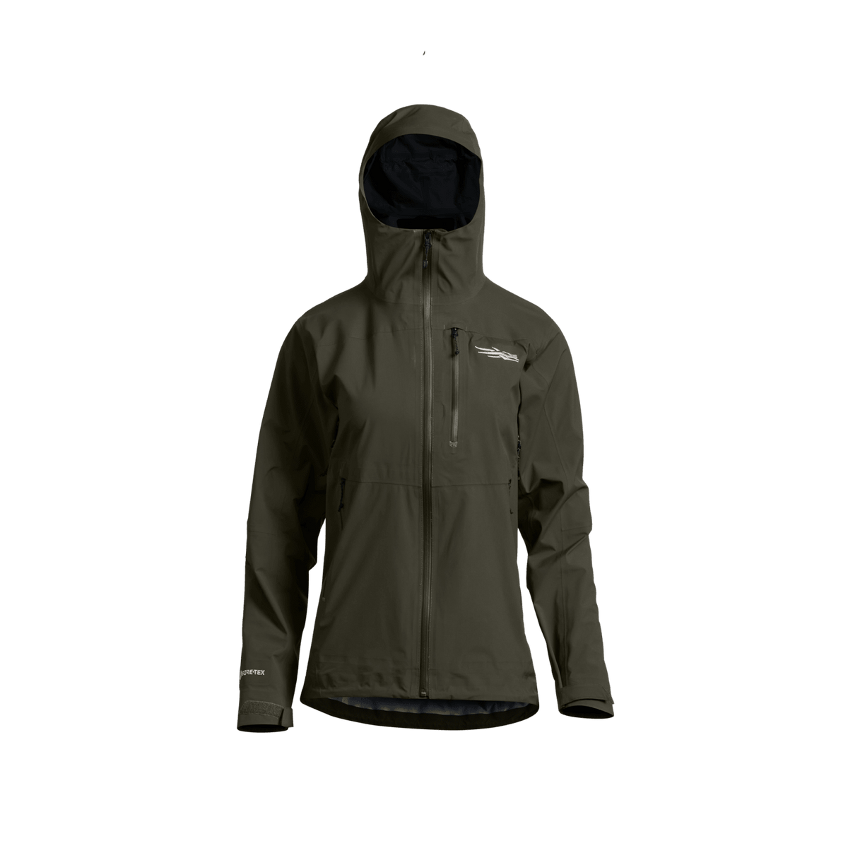 Women’s olive hooded jacket with full-zip front and zip pocket