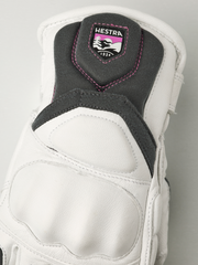 Kids racing gloves, white leather with black back panel and Hestra patch, pink stitching