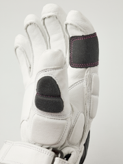 Kids racing gloves, white leather with black palm and knuckle patches, pink trim