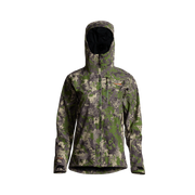 Camouflage hooded jacket with front zipper and two lower hand pockets