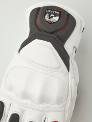 Hestra Impact Racing SR glove top view, white leather with gray panels and Hestra patch