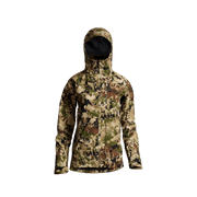 Women's camouflage hooded jacket with long sleeves and dark-lined hood