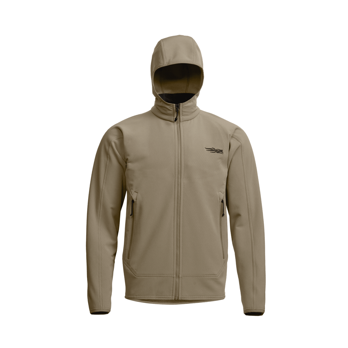 Hooded fleece jacket in light tan with full zip closure and chest logo