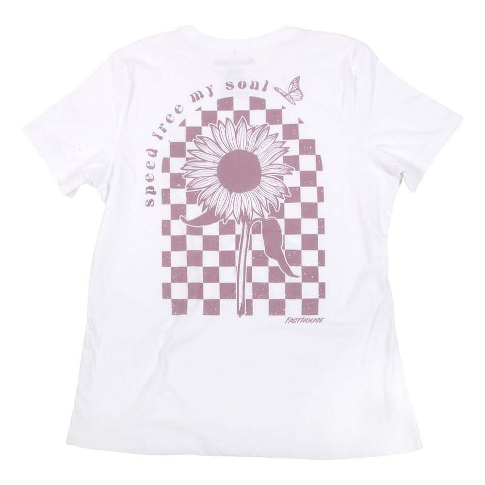 White women's Fasthouse Allure tee with large back sunflower checkered graphic