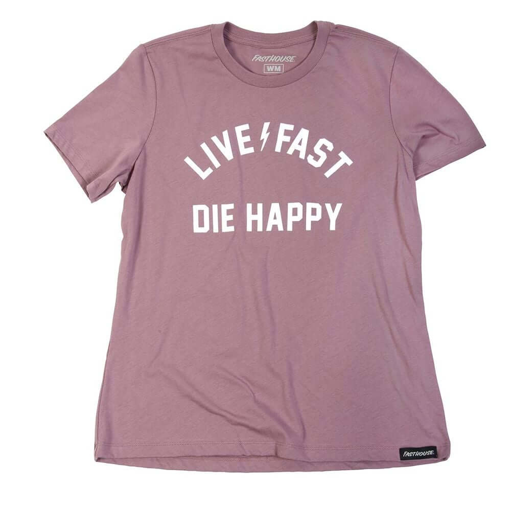 Women's orchid Fasthouse graphic t-shirt with LIVE FAST DIE HAPPY print