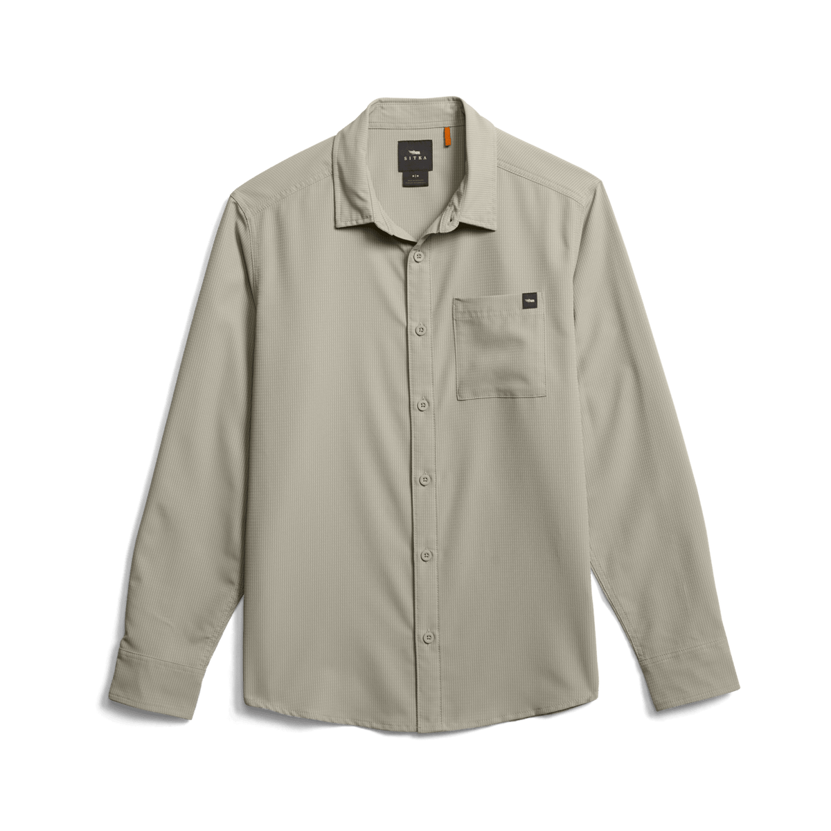Long-sleeve button-up shirt in light beige with front buttons and chest pocket