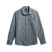 Men's long-sleeve shirt in bluestone blue, front view with chest pocket and buttons