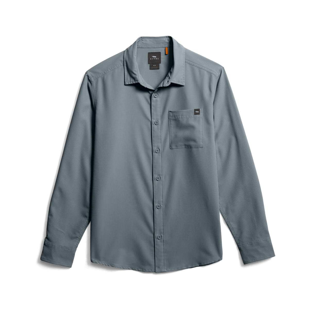 Men's long-sleeve shirt in bluestone blue, front view with chest pocket and buttons