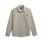 Long-sleeve button-up shirt in light beige with chest pocket and pointed collar