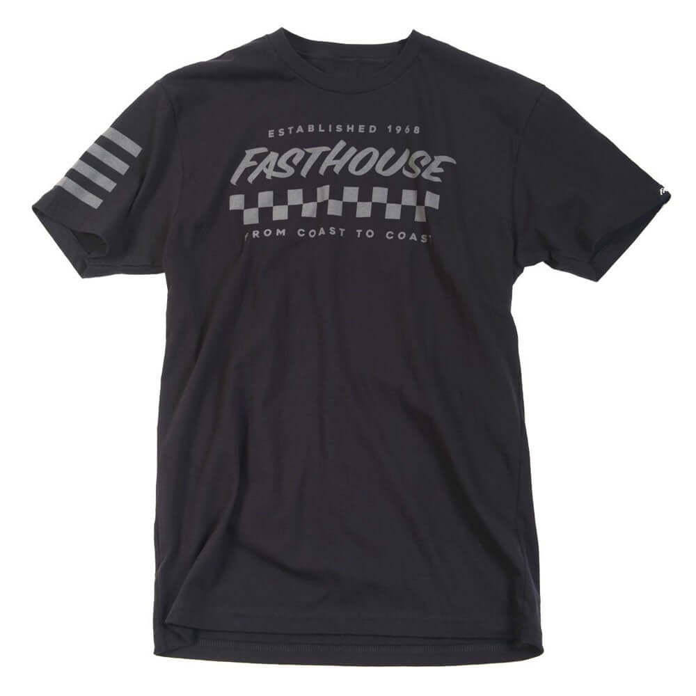 Youth boys black graphic T-shirt with Fasthouse logo and sleeve stripes