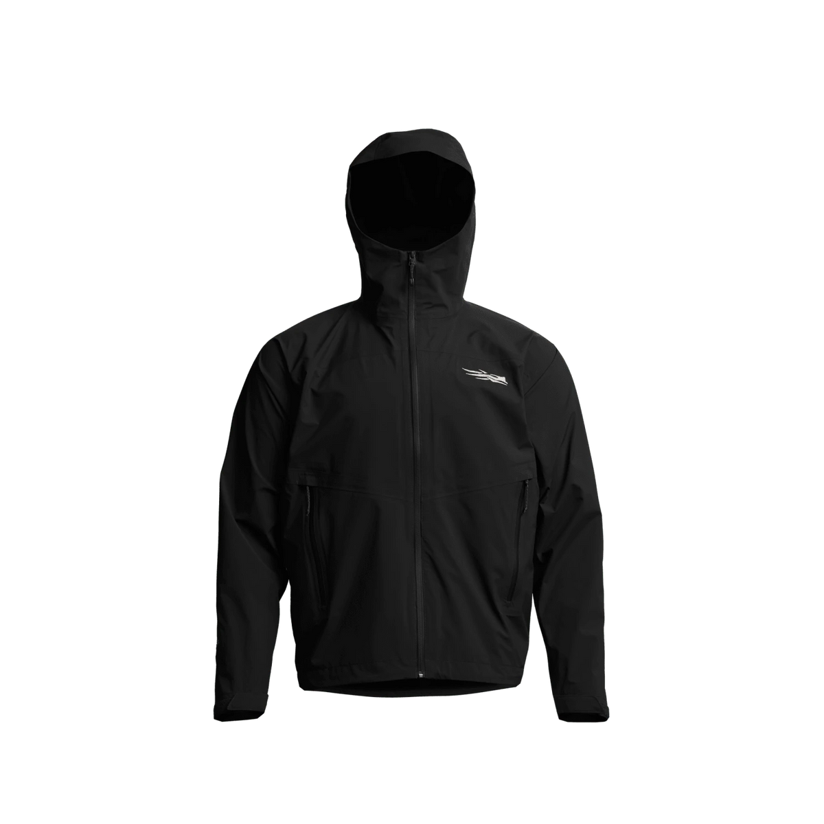 Black Dew Point hooded jacket with full front zipper and side pockets.