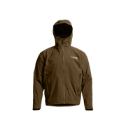 Coyote-brown hooded jacket with front zipper and side pockets