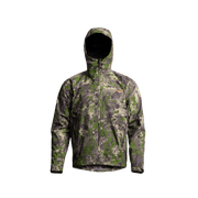 Green camo hooded jacket with front zipper and long sleeves