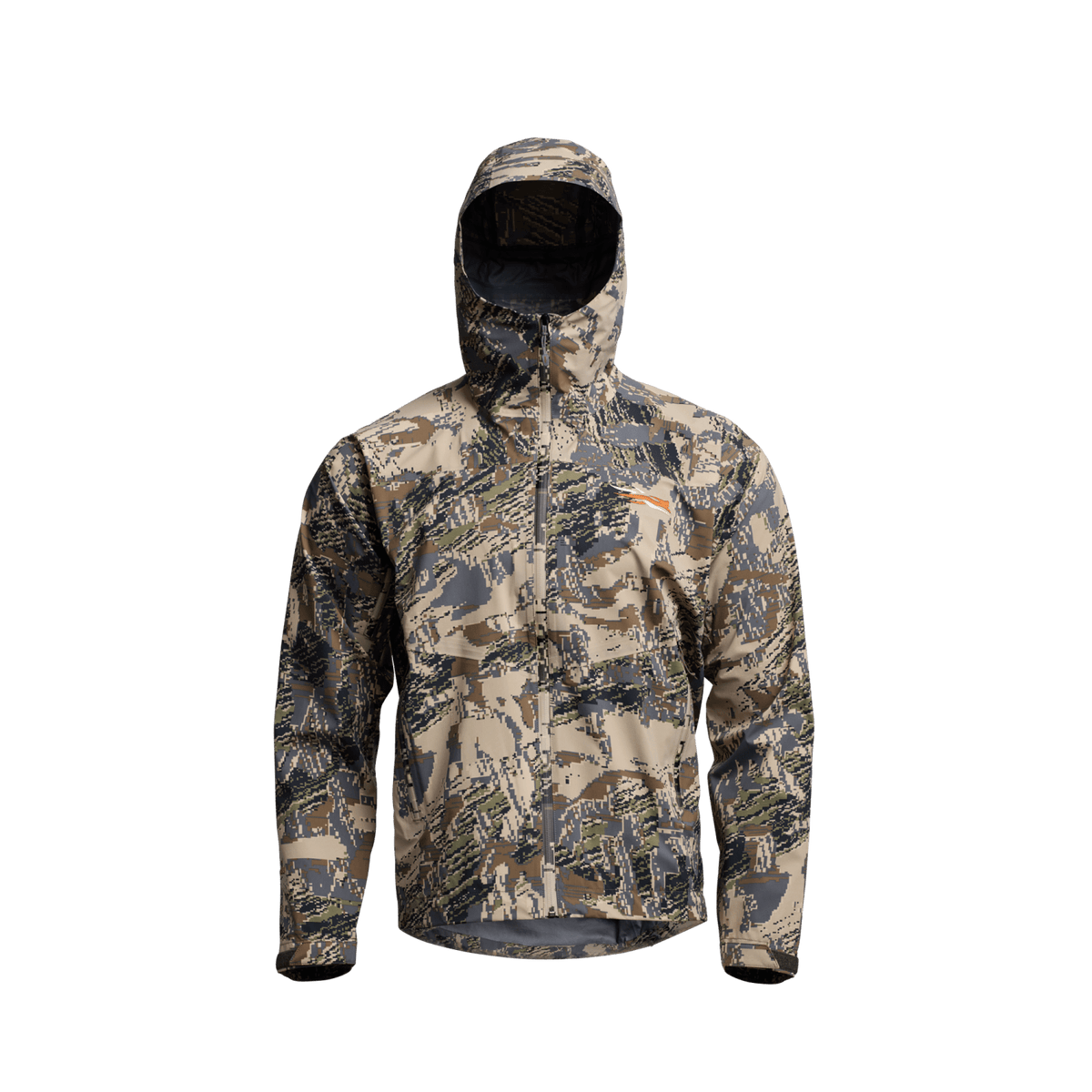 Camouflage hooded full-zip jacket with two front zip pockets and structured hem