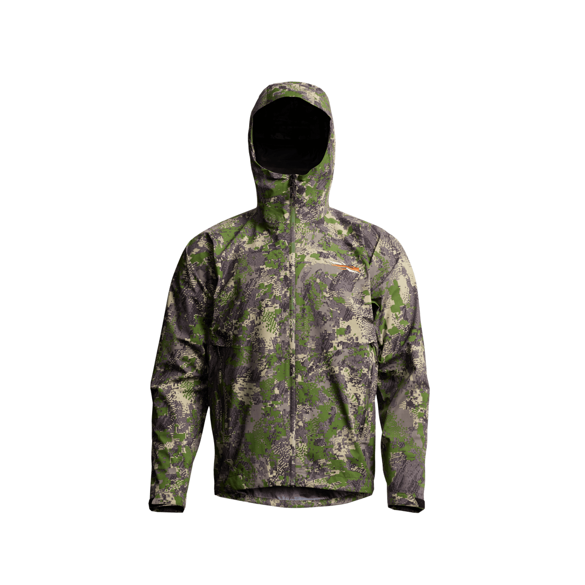 Camo hooded jacket front view with full-length zipper and side pockets