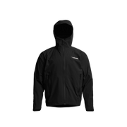 Black hooded rain jacket with front zipper and chest logo