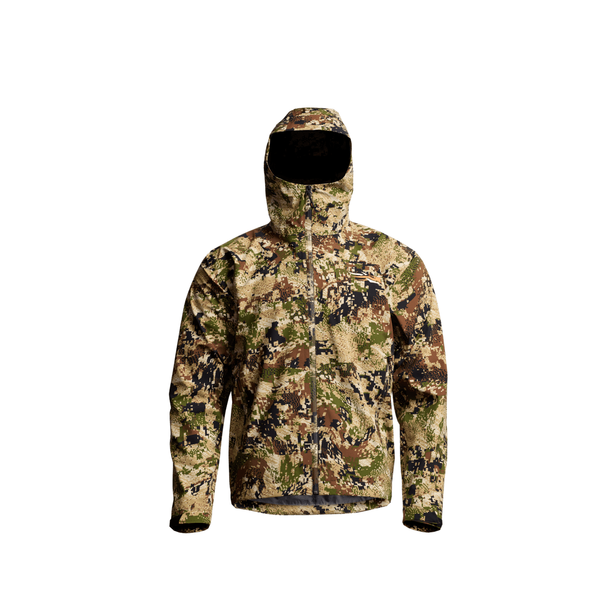 Camouflage hooded jacket with full-zip front and long sleeves