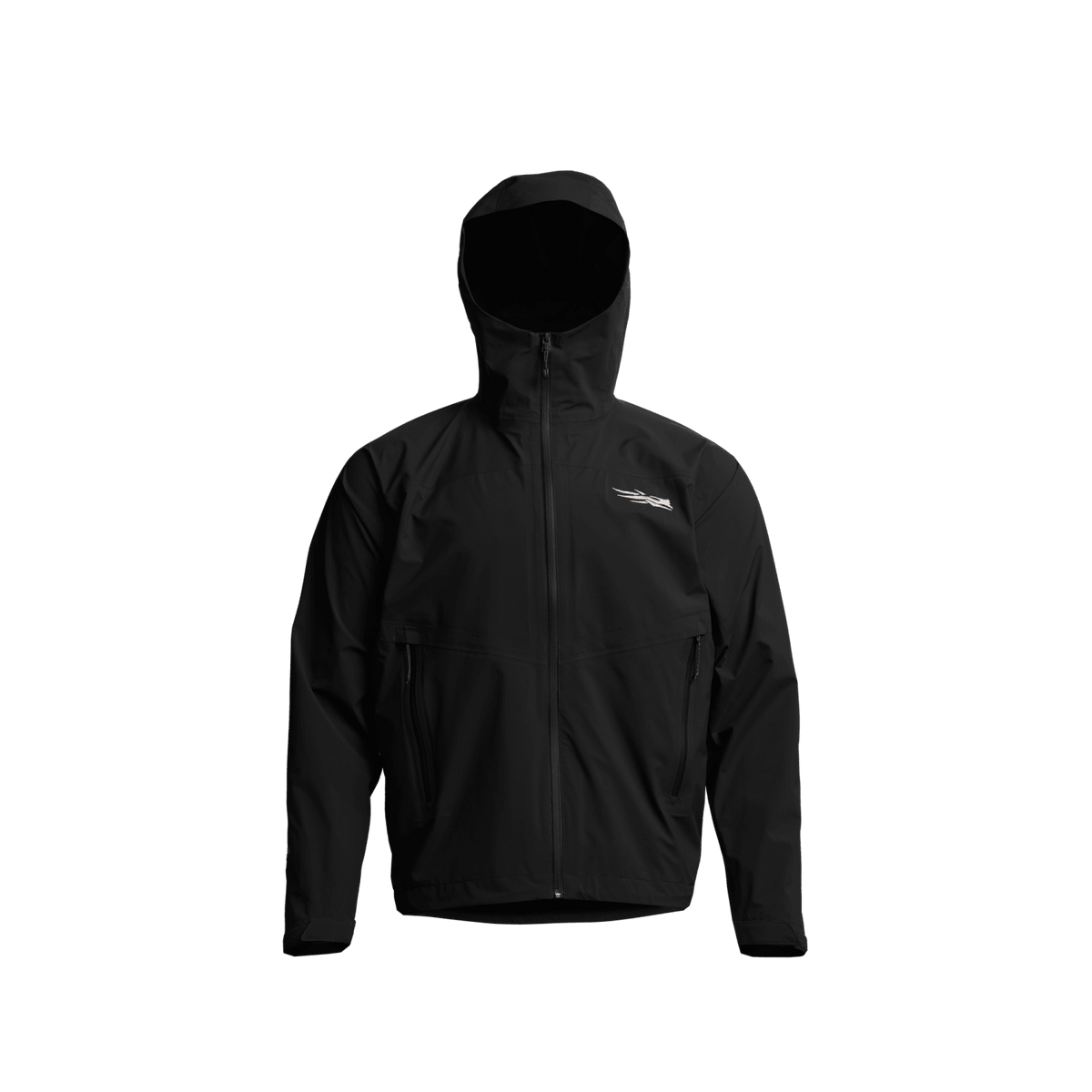 Black hooded full-zip jacket with side pockets and elastic cuffs