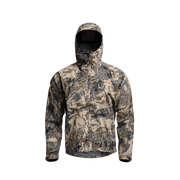 Camouflage zip-up hooded jacket with side pockets and chest logo