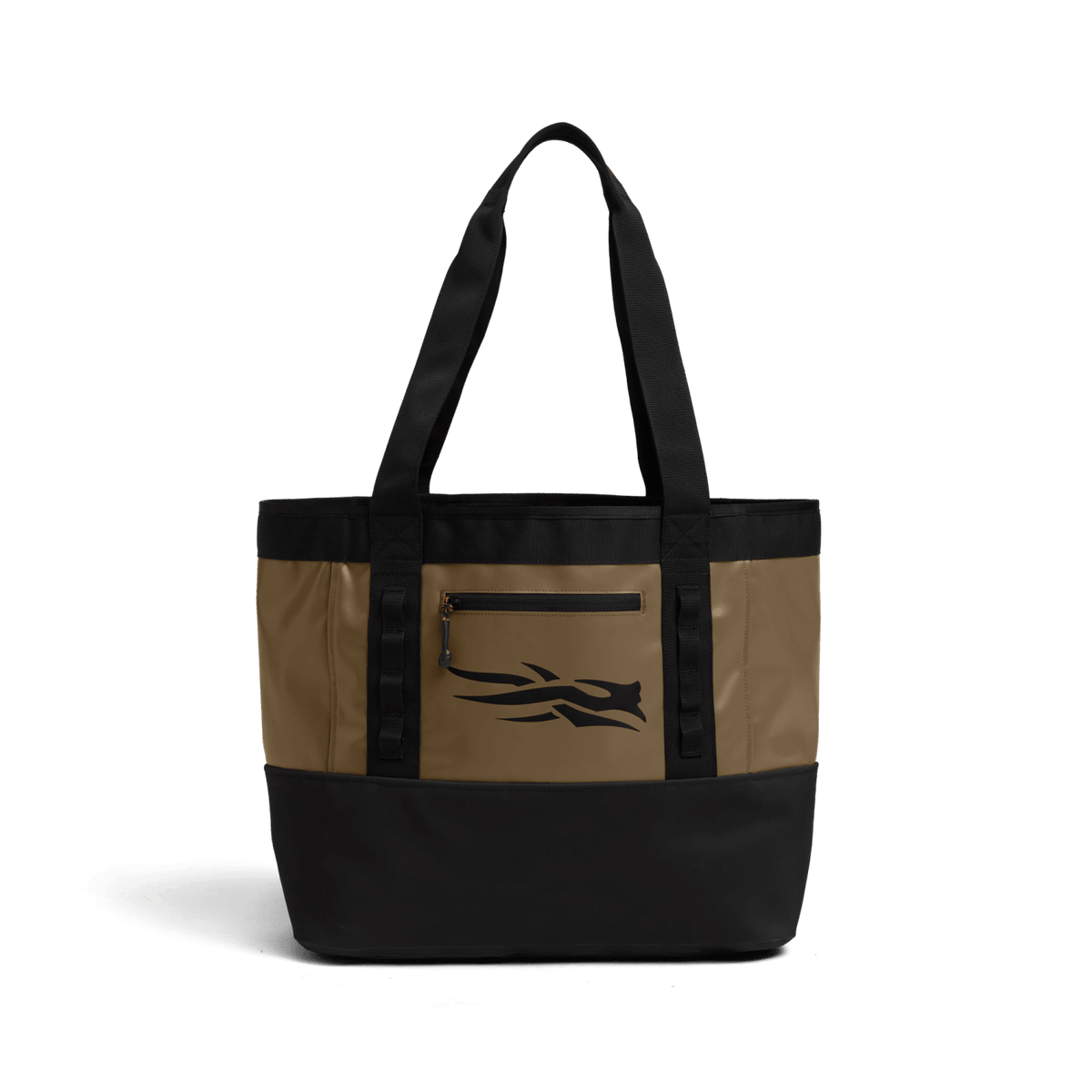 40L tote bag in coyote and black with top handles and front logo graphic
