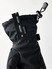 Kids dark 3-finger gauntlet gloves with textured palm and wrist strap details