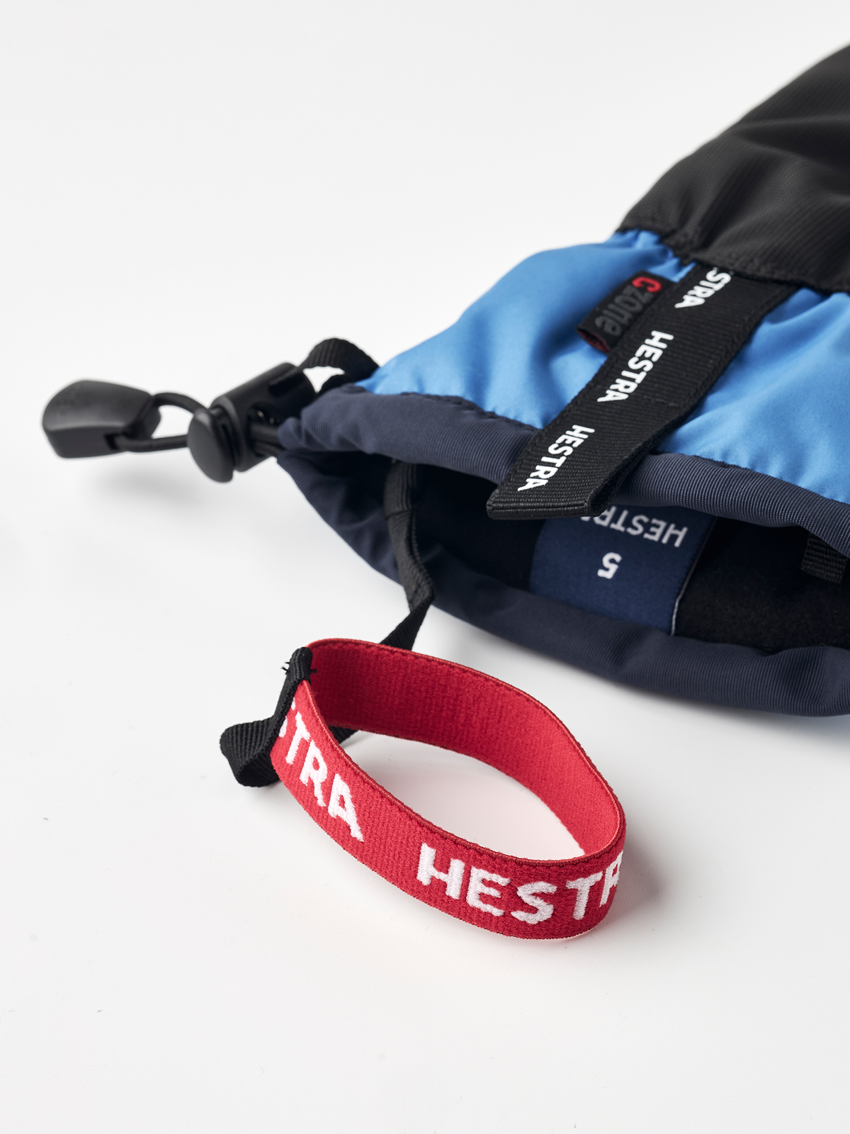 Hestra Gauntlet CZone Jr 3-finger gloves, blue and black with red wrist strap