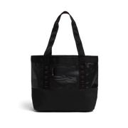 40L black canvas tote bag with carry handles and front logo graphic