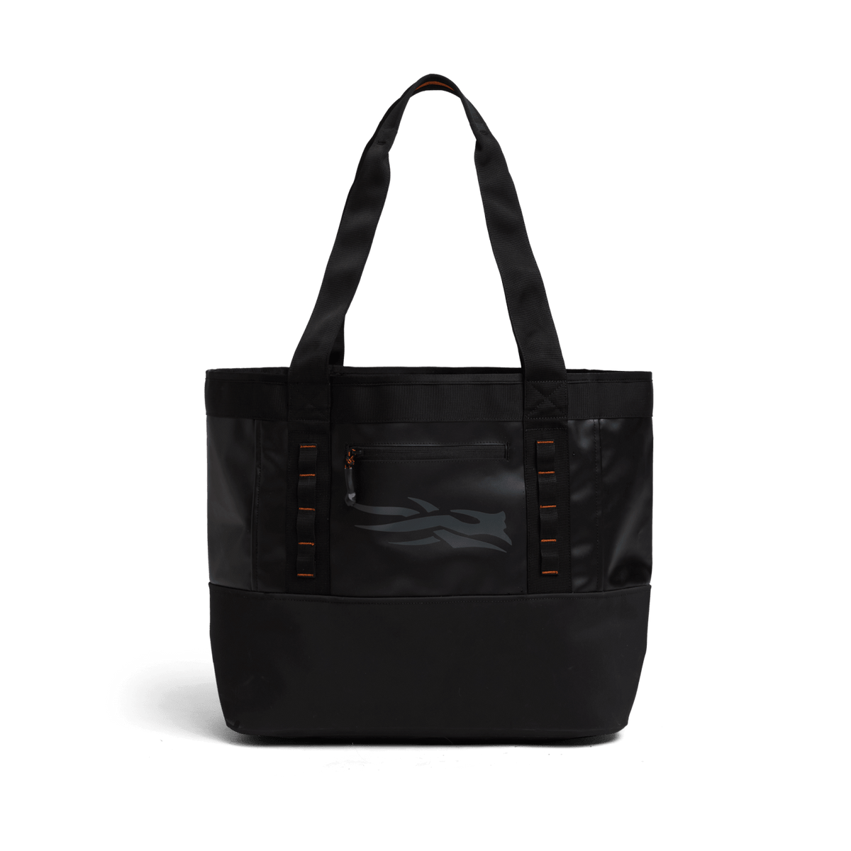 40L black canvas tote bag with carry handles and front logo graphic