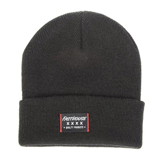 Youth black knit beanie with folded cuff and Fasthouse logo patch