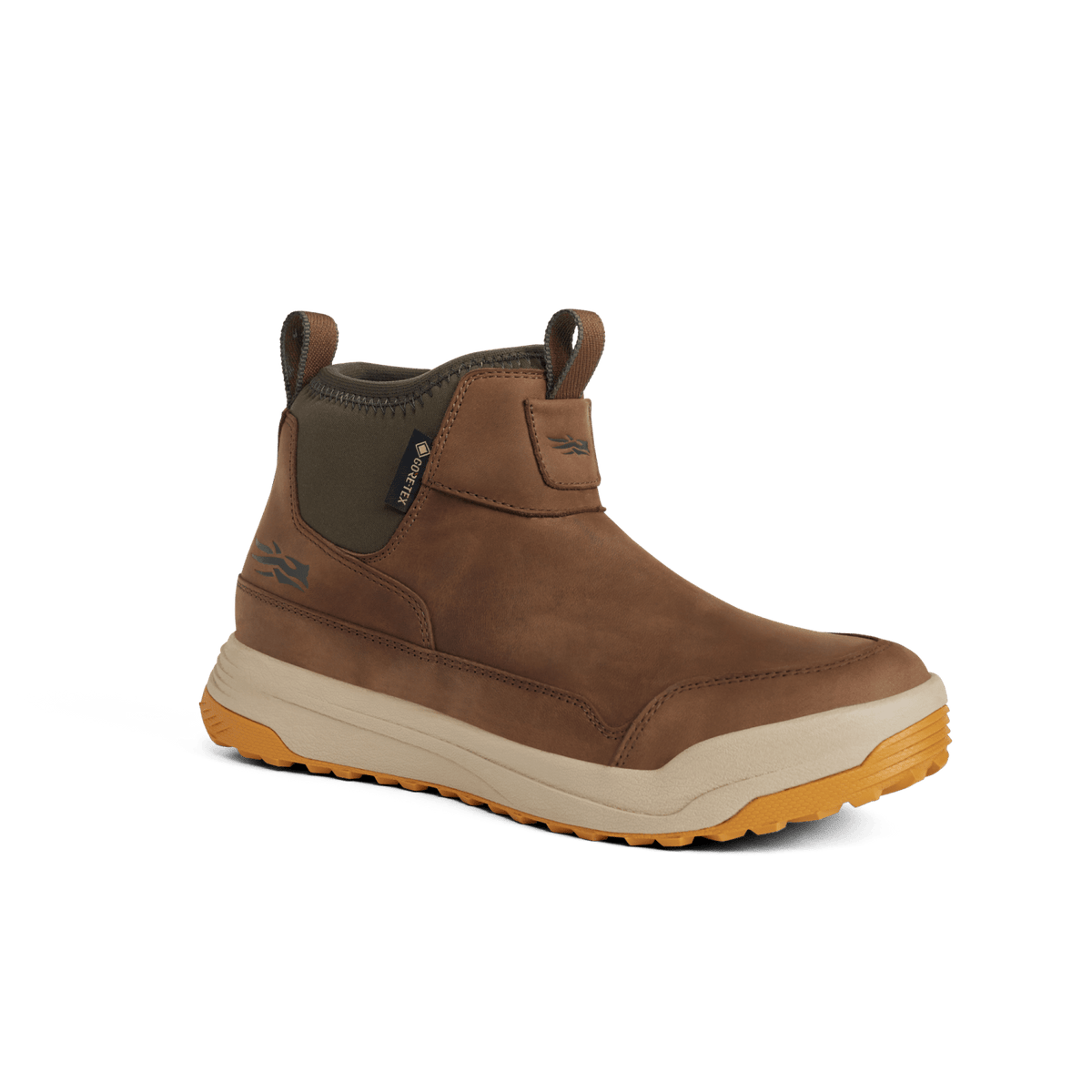 Tan leather ankle boot with padded collar, side logo, and brown/white rubber sole