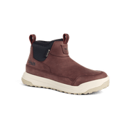 Brown suede mid boot with black collar panel, side zip tab, and white rubber sole