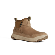 Tan suede ankle boots with lace-up top pull tab and cream midsole