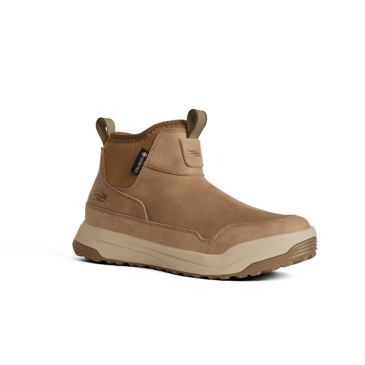Buckskin suede hiking boot with side pull tab, ankle collar, and light rubber sole