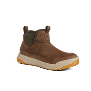Suede ankle boot angled view with dark brown upper and cream midsole, grippy outsole