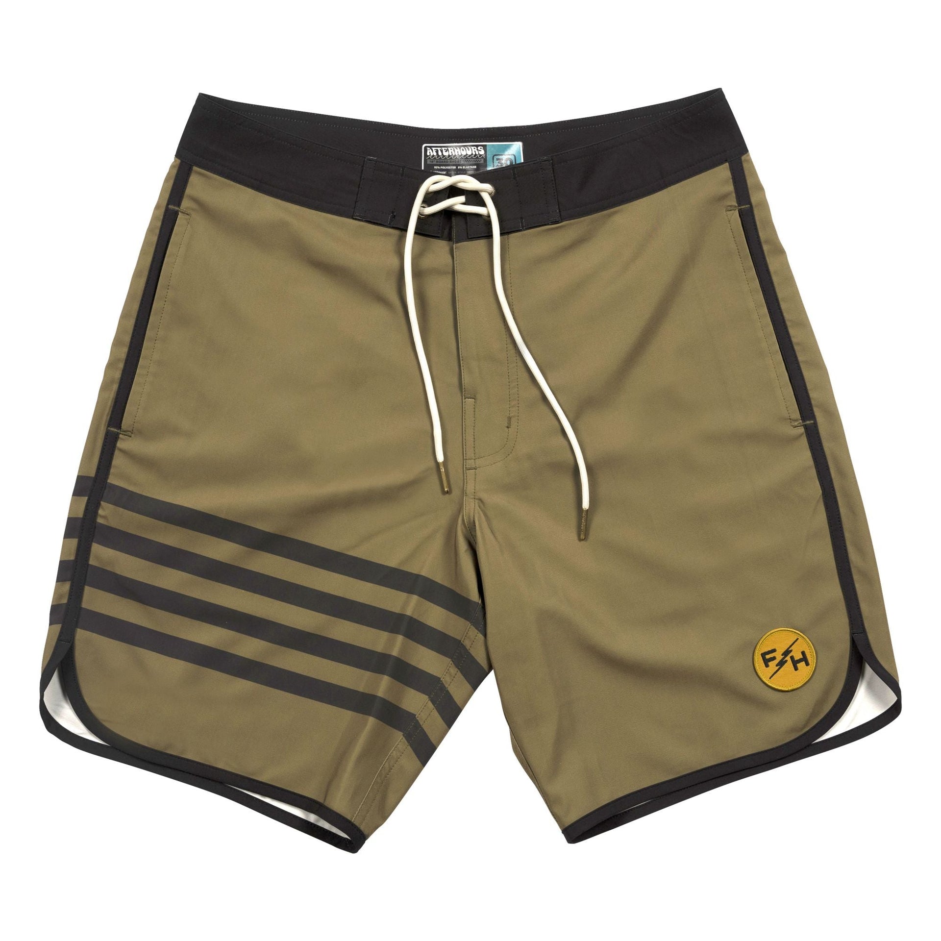 Fasthouse After Hours 18" olive bomber boardshort with striped side panels, drawstring waist