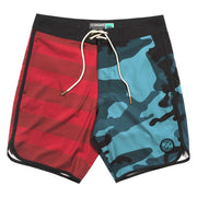 Red and blue camo boardshorts with black waistband, drawstring, and side panels