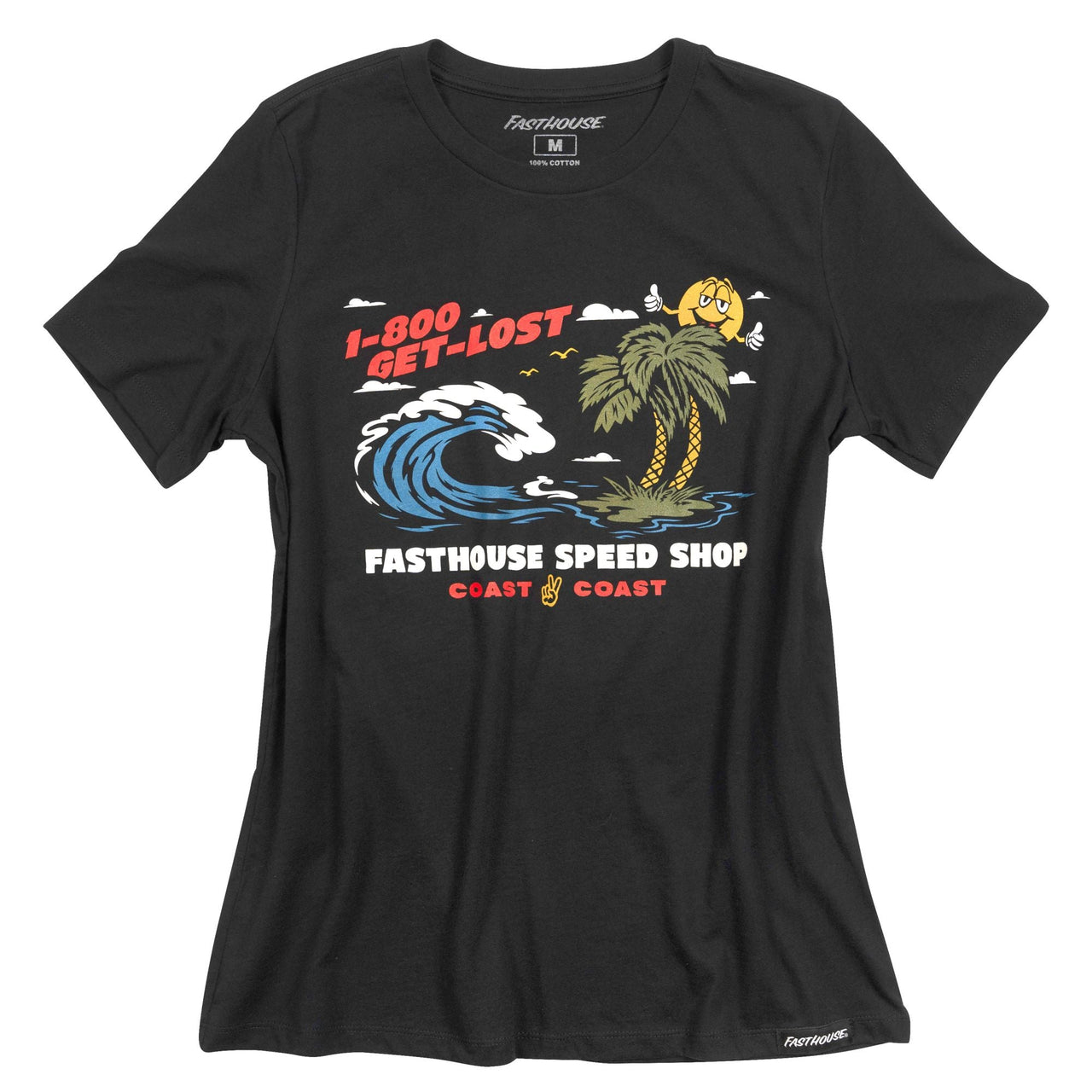 Women’s black short-sleeve T-shirt with colorful surf graphic and text print