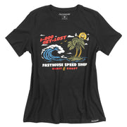 Women’s black short-sleeve T-shirt with colorful surf graphic and text print