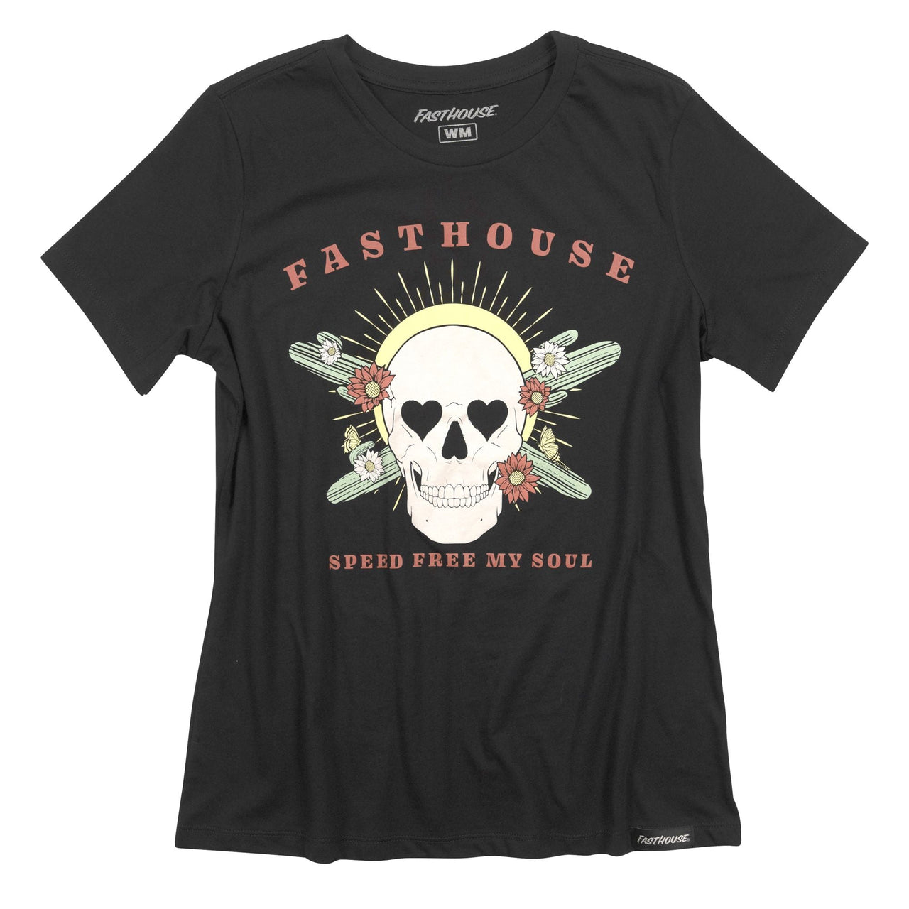 Women's black short-sleeve graphic tee with skull floral and text design