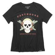 Women's black short-sleeve graphic tee with skull floral and text design