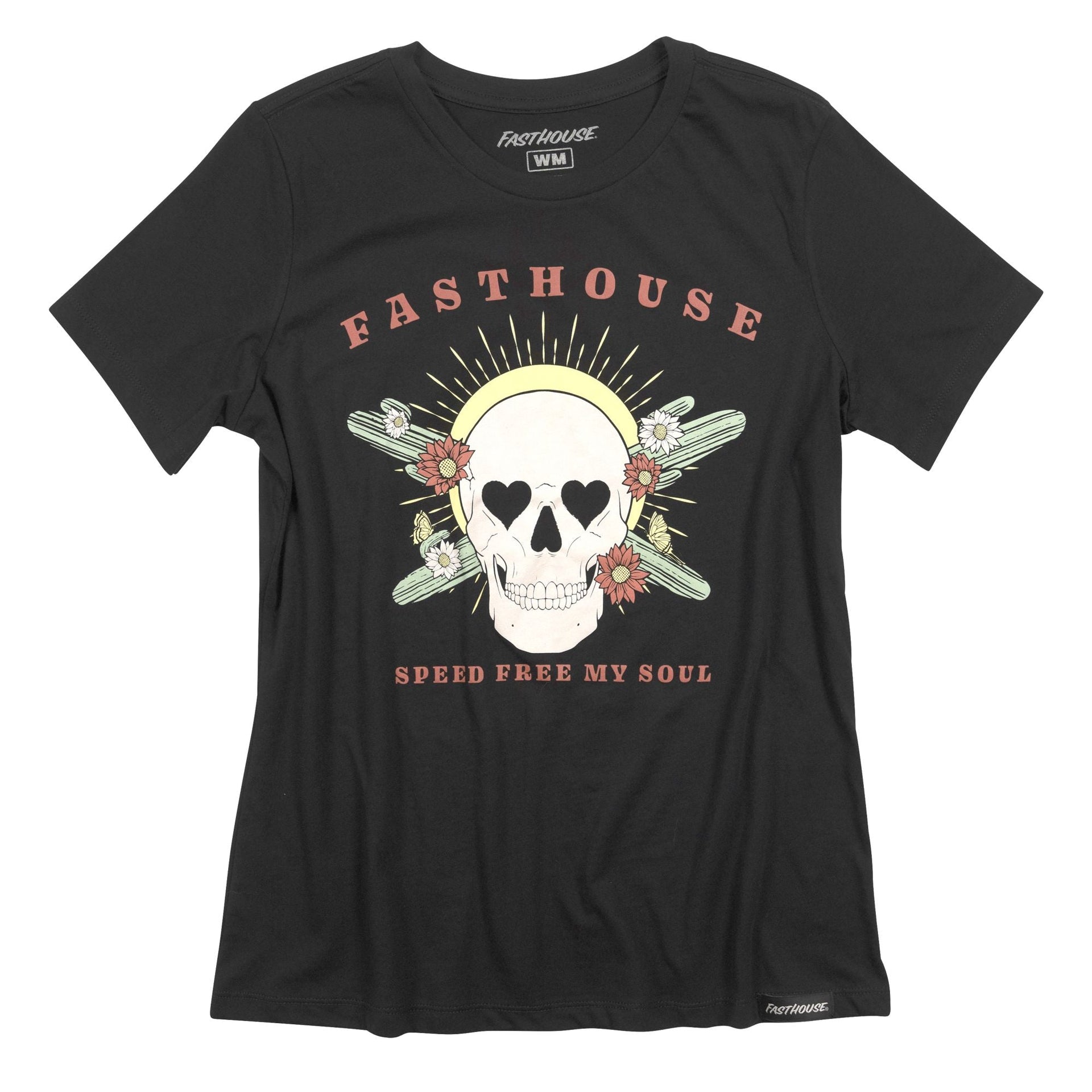 Women's black short-sleeve graphic tee with skull floral and text design