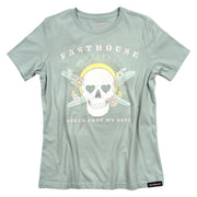 Women's dust blue short-sleeve graphic tee with skull floral and text design